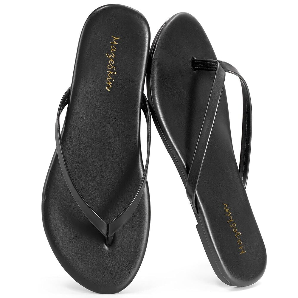 Flat Thong Sandals Memory Foam Dressy Summer Beach Slide Black US6
